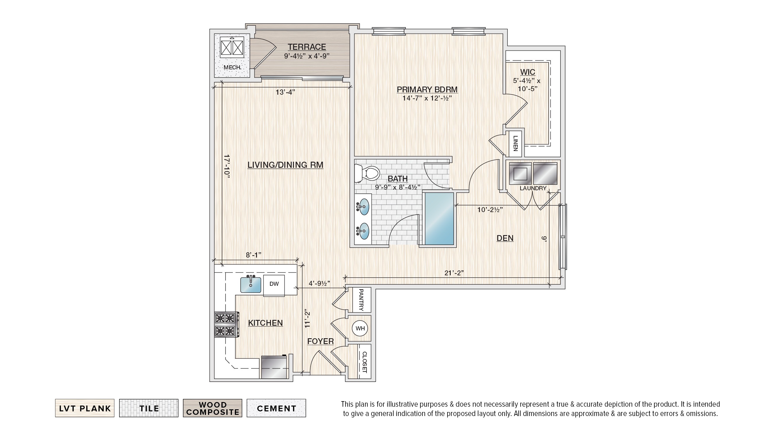 The Lily A-2 55+ active adult garden apartment floor plan with 1 bedroom, 1 bath, and a terrace